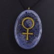 Blue oval pendant necklace with gold Venus symbol, close-up on black cord