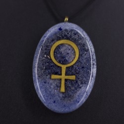 Blue oval pendant necklace with gold Venus symbol, close-up on black cord