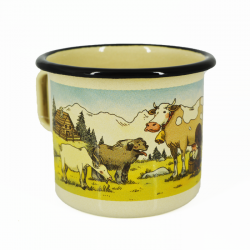 farm animals, cup, enameled pot, enameled cup, cow, made in Slovenia, slovenian cups