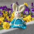 Crocheted Easter bunny in turquoise dress on a stone ledge with flowers