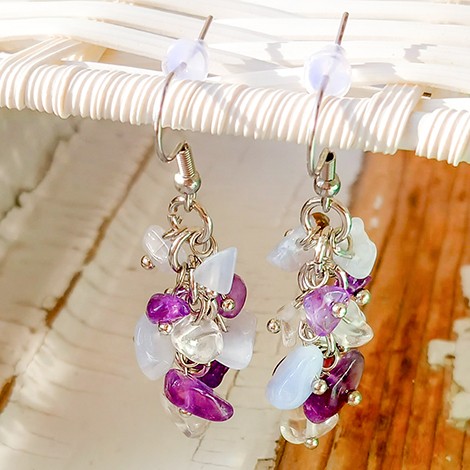 amethyst, blue chalcedony, clear quartz, dangling earrings, crystal earrings, crystal jewellery