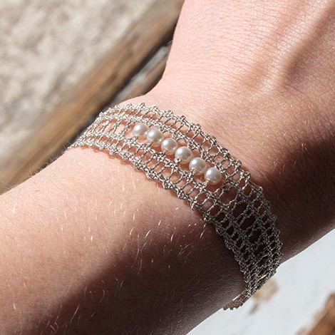 lace bracelet, lace bracelet silver white with pearls