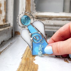 stained glass, stained glass angel, handmade, aquamarine, gift
