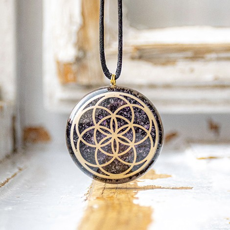AMETHYST BLACK TOURMALINE orgonite necklace the seed of life, orgone energy, protect