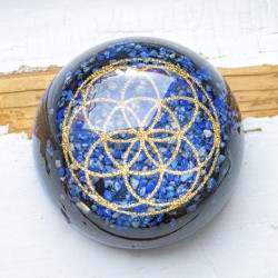 orgonite, half sphere, half sphere orgonite, lapis lazuli, black turmaline, schungite, seed of life