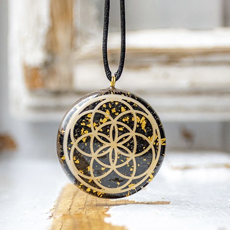 NUMIT BLACK TOURMALINE GOLD orgonite necklace , seed of life, orgone energy