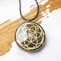 NUMIT BLACK TOURMALINE GOLD orgonite necklace , seed of life, orgone energy