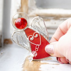 STAINED GLASS ANGEL red with clear quartz, hand made, made in slovenia