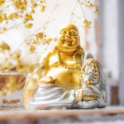 Laughing Buddha statue in soft light with dried flowers in background