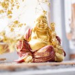 Gold-red laughing Buddha statuette in soft light with dried flowers in background