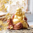 Gold-red laughing Buddha statue on Chinese coins, feng shui decor