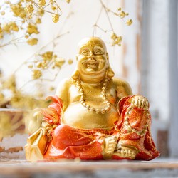 Gold-orange laughing Buddha statuette in soft light with dried flowers in background
