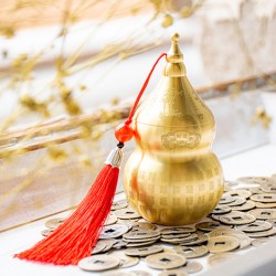 Wu Lou gourd charm with red tassel displayed on Chinese-style coins, feng shui decor