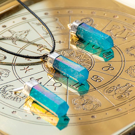 AQUA AURA point necklace (silver plaited loop), aqua aura, aqua aura necklace, crystal necklace, cerystal jewellery