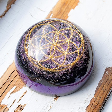 AMETHYST BLACK TOURMALINE SHUNGITE orgonite half sphere seed of life, orgone energy, protect