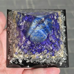 lapis lazuli, orgonite, orgonite pyramid, orgonite pyramid with crystals, cleansing crystals, energy crystals