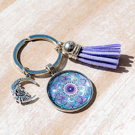 MANDALA purple moon and rose keychain, mandala, energy mandala, purple mandala