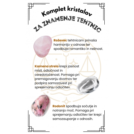 KOMPLET KRISTALOV ZA ZNAMENJE tehtnice, roževec, kamena strela, rodonit