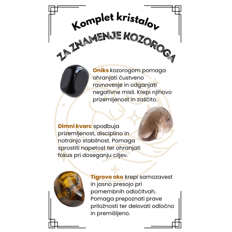 KOMPLET KRISTALOV ZA ZNAMENJE kozoroga, oniks, dimni kvarc, dimni kremen, tigrovo oko