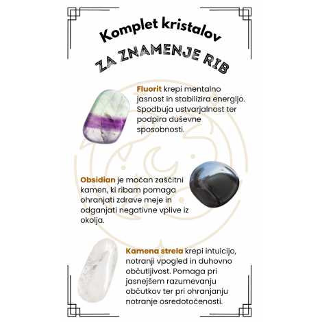 KOMPLET KRISTALI ZA ZNAMENJE rib, fluorit, obsidian, kamena strela