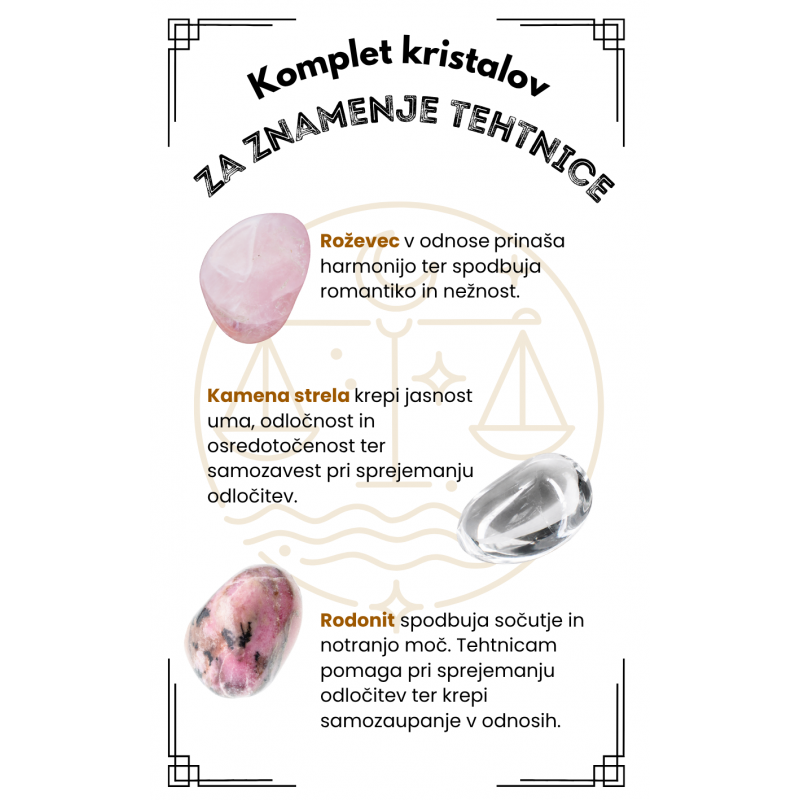 KOMPLET KRISTALOV ZA ZNAMENJE tehtnice, roževec, kamena strela, rodonit