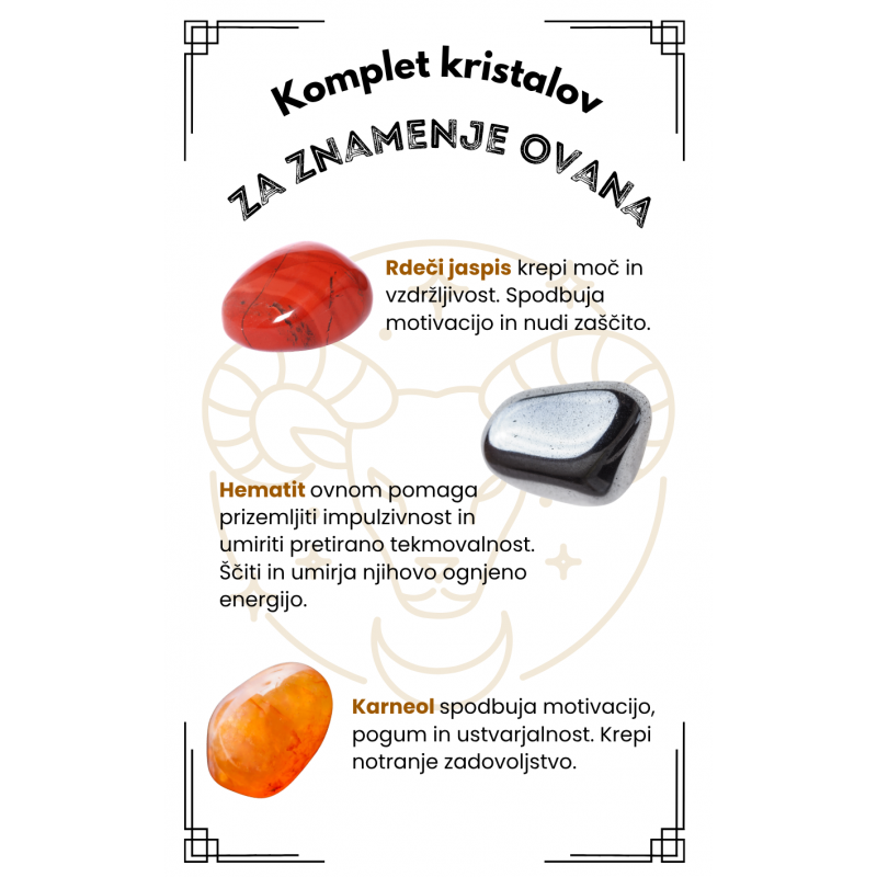 KOMPLET KRISTALOV ZA ZNAMENJE ovna, rdeči jaspis, hematit, karneol
