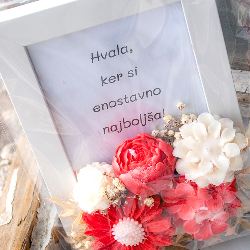 DEKORATIVNI OKVIR s svečko rdeč, ročno delo, dišeče svečke, darilo za ženo, darilo