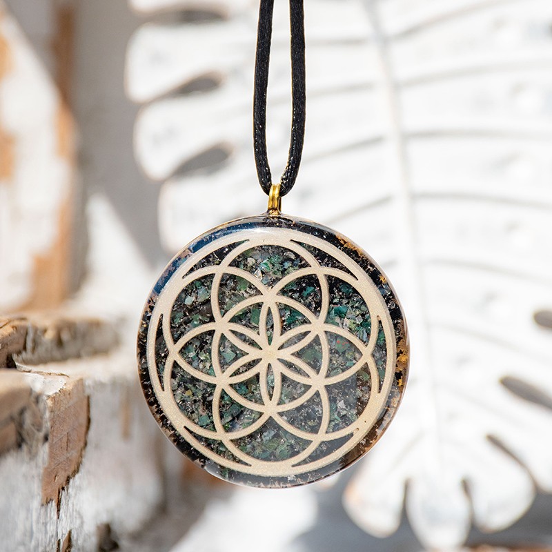 MOSS AGATE BLACK TOURMALINE orgonite necklace seed of life, orgonite, orgonite necklace, orgonite with moss agate