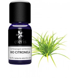 Eteris bio eterično olje citronela 10 ml, steklenička z motivom citronele na beli podlagi