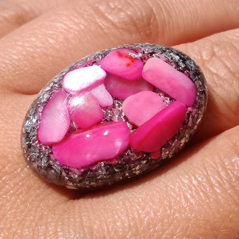 Orgonit, kristal, enegijski nakit, roza školjke orgonski prstan
